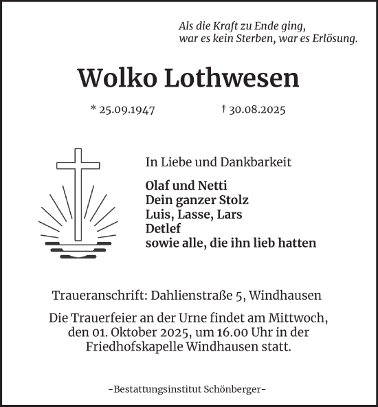 Traueranzeige von Wolko Lothwesen von Harz Kurier