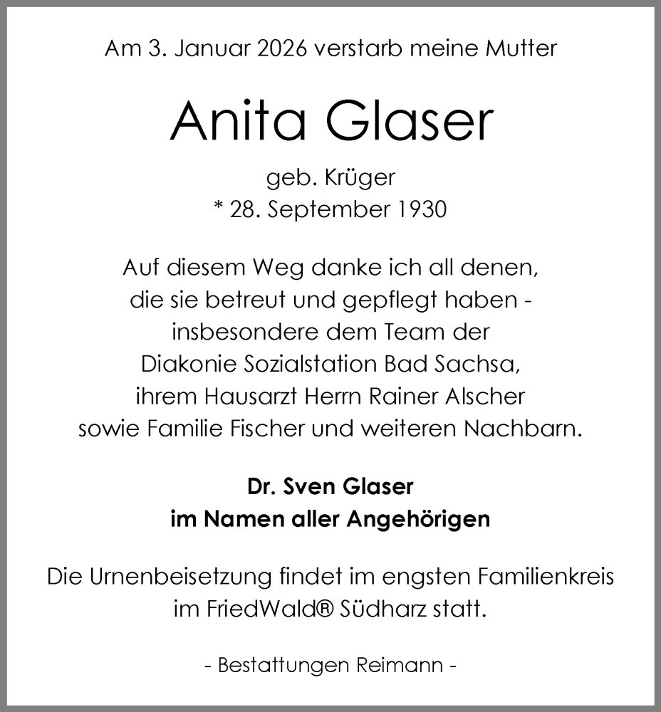  Traueranzeige für Anita Glaser vom 10.01.2026 aus Harz Kurier