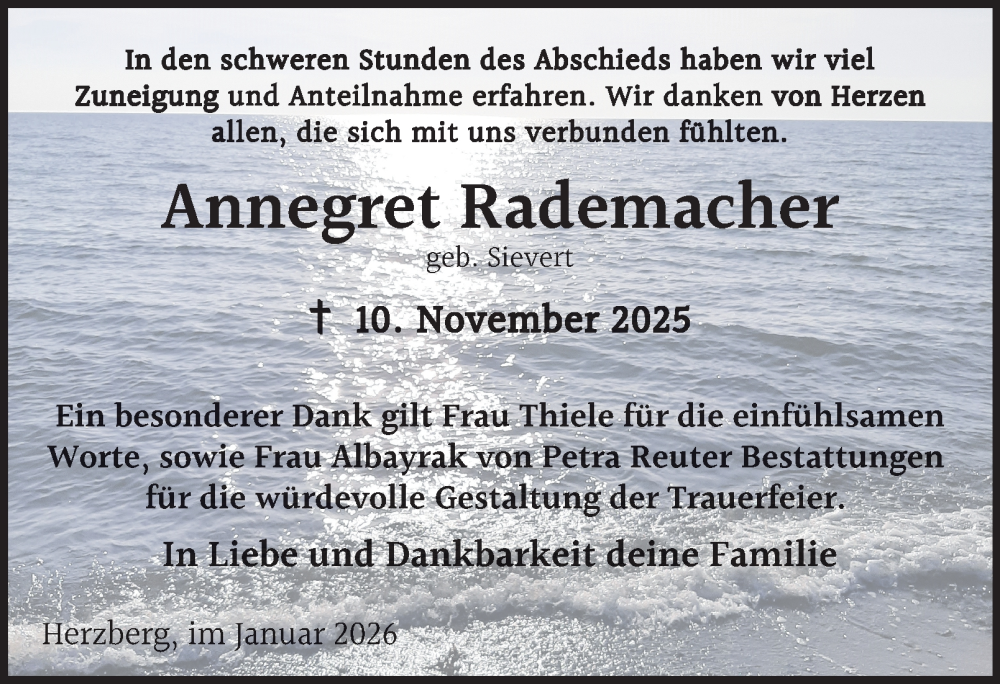  Traueranzeige für Annegret Rademacher vom 31.01.2026 aus Harz Kurier