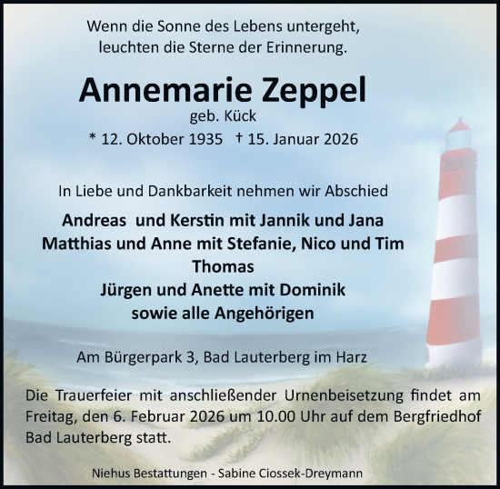 Traueranzeige von Annemarie Zeppel von Harz Kurier