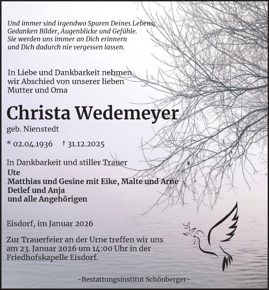  Traueranzeige für Christa Wedemeyer vom 17.01.2026 aus Harz Kurier