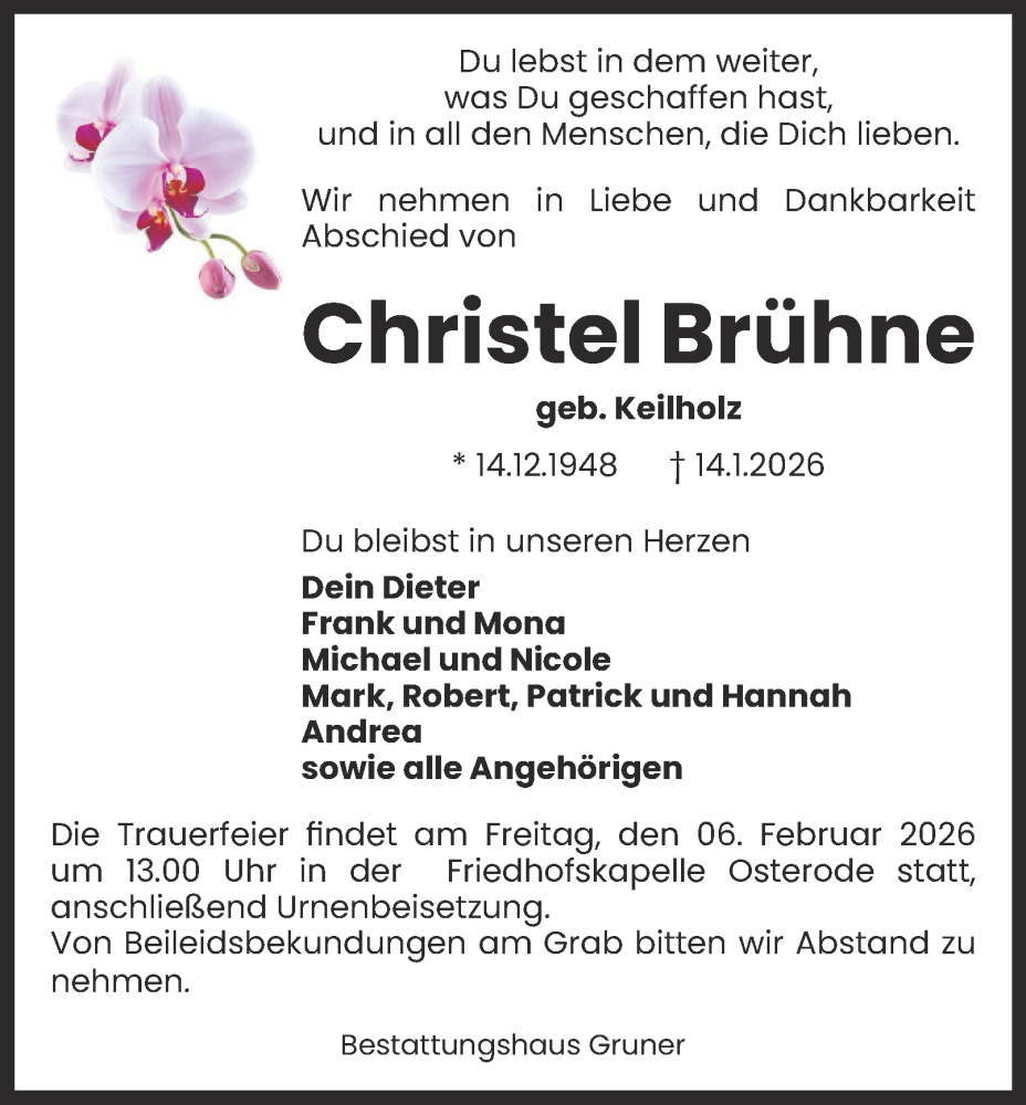  Traueranzeige für Christel Brühne vom 24.01.2026 aus Harz Kurier