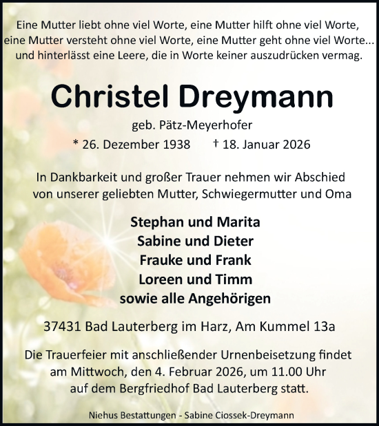 Traueranzeige von Christel Dreymann von Harz Kurier