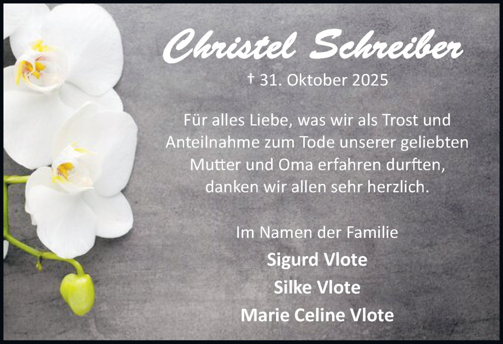  Traueranzeige für Christel  Schreiber vom 31.01.2026 aus Harz Kurier