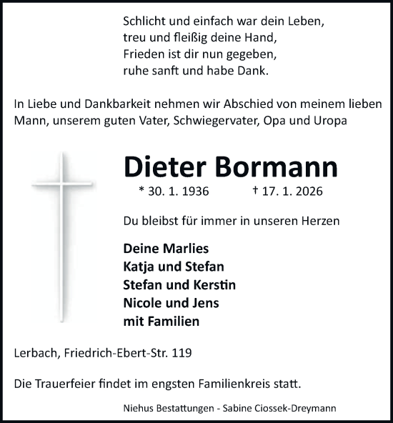 Traueranzeige von Dieter Bormann von Harz Kurier