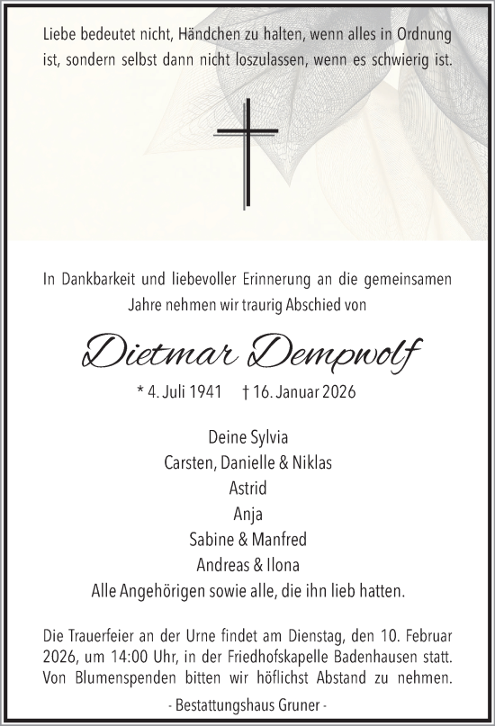 Traueranzeige von Dietmar Dempwolf von Harz Kurier