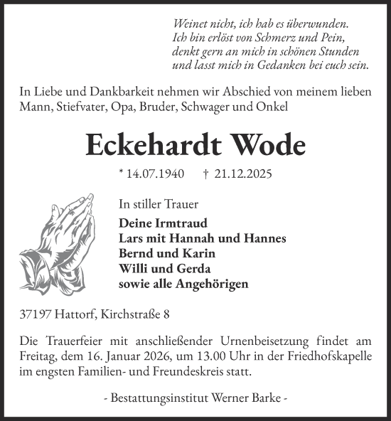 Traueranzeige von Eckehardt Wode von Harz Kurier