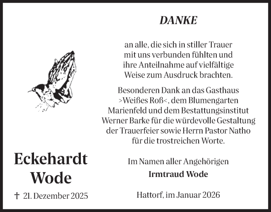 Traueranzeige von Eckehardt Wode von Harz Kurier