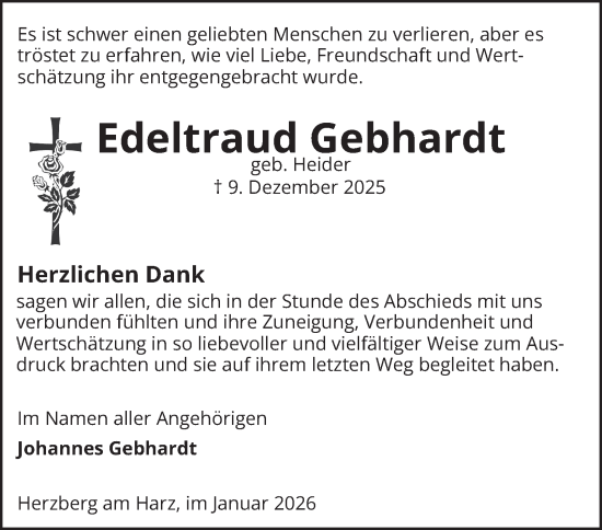 Traueranzeige von Edeltraud Gebhardt von Harz Kurier