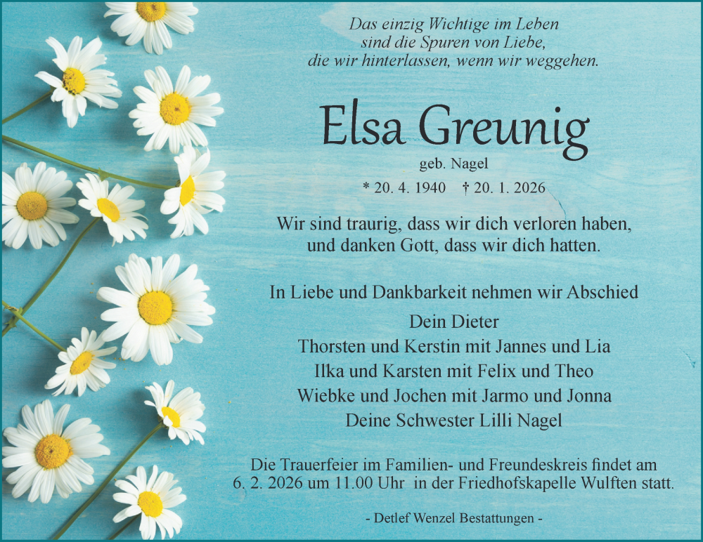  Traueranzeige für Elsa Greunig vom 31.01.2026 aus Harz Kurier