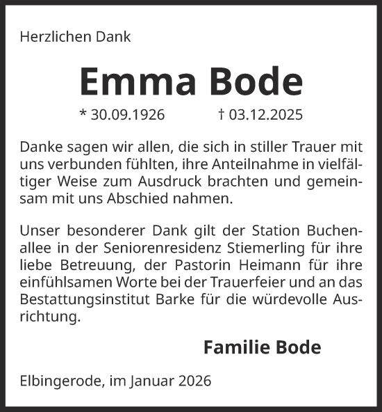Traueranzeige von Emma Bode von Harz Kurier