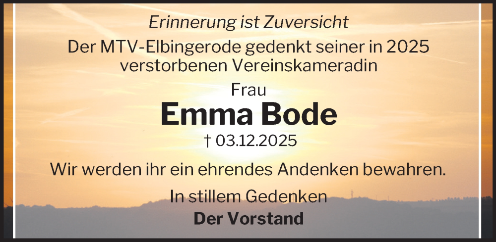  Traueranzeige für Emma Bode vom 24.01.2026 aus Harz Kurier
