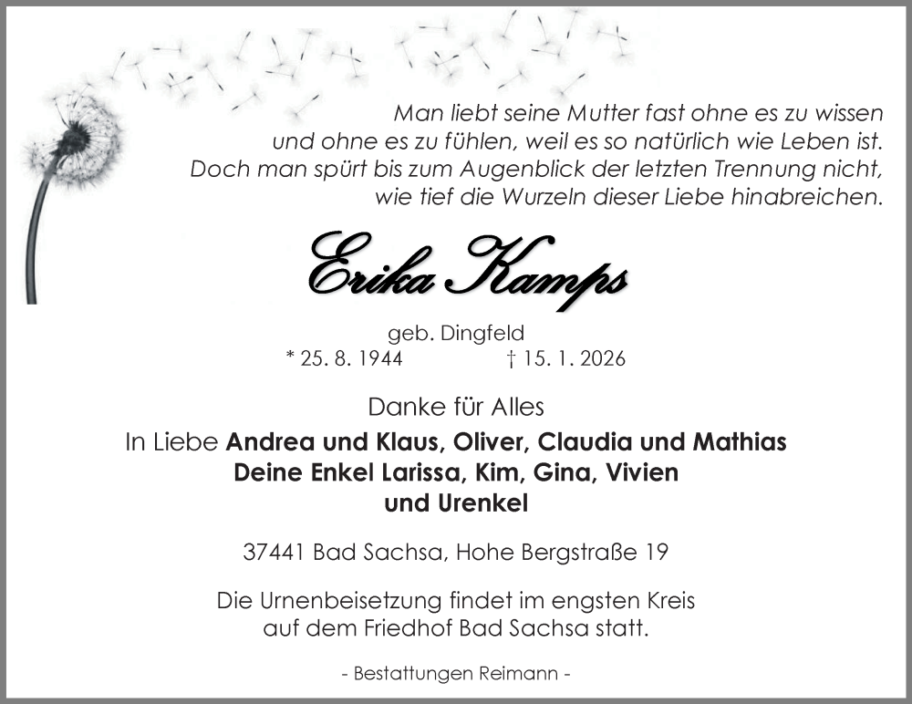  Traueranzeige für Erika Kamps vom 24.01.2026 aus Harz Kurier