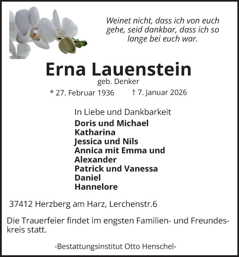  Traueranzeige für Erna Lauenstein vom 17.01.2026 aus Harz Kurier