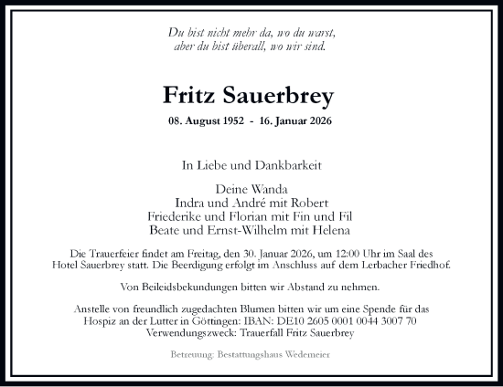 Traueranzeige von Fritz Sauerbrey von Harz Kurier