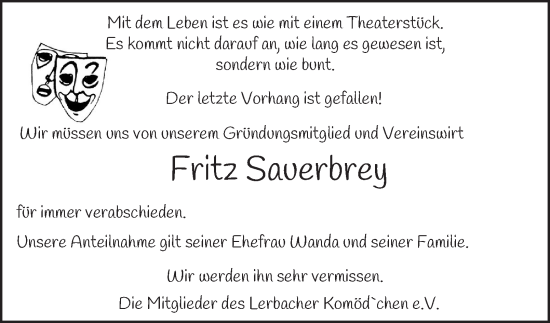 Traueranzeige von Fritz Sauerbrey von Harz Kurier