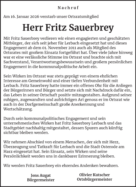 Traueranzeige von Fritz Sauerbrey von Harz Kurier