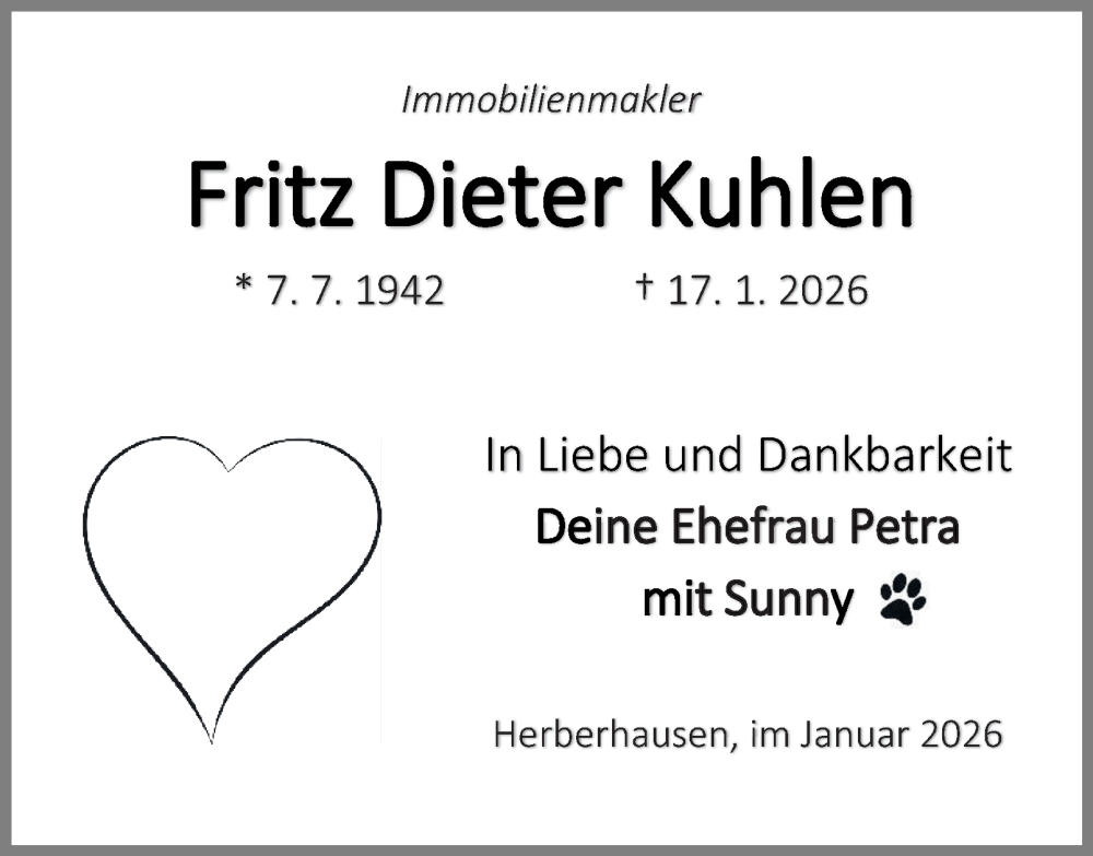  Traueranzeige für Fritz Dieter Kuhlen vom 24.01.2026 aus Harz Kurier