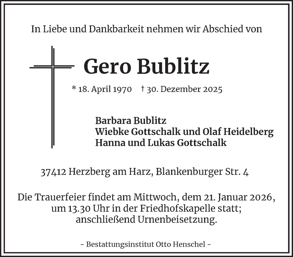 Traueranzeige für Gero Bublitz vom 10.01.2026 aus Harz Kurier