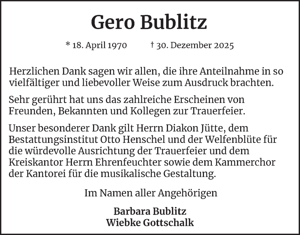  Traueranzeige für Gero Bublitz vom 31.01.2026 aus Harz Kurier