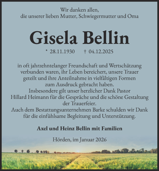 Traueranzeige von Gisela Bellin von Harz Kurier