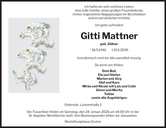 Traueranzeige von Gitti Mattner von Harz Kurier