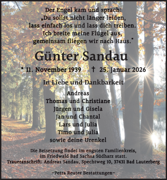 Traueranzeige von Günter Sandau von Harz Kurier