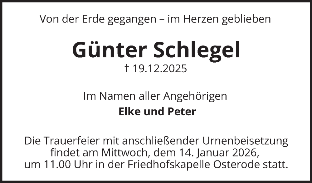  Traueranzeige für Günter Schlegel vom 10.01.2026 aus Harz Kurier