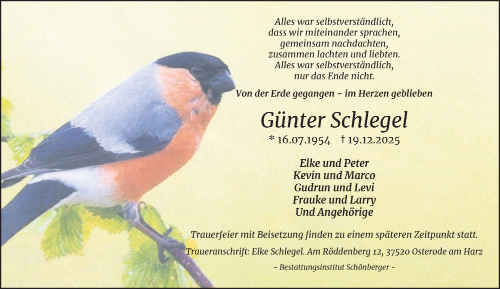  Traueranzeige für Günter Schlegel vom 03.01.2026 aus Harz Kurier