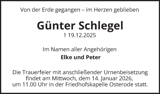 Traueranzeige von Günter Schlegel von Harz Kurier