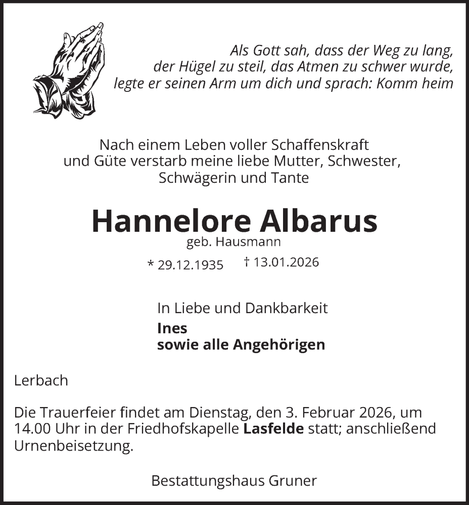  Traueranzeige für Hannelore Albarus vom 24.01.2026 aus Harz Kurier