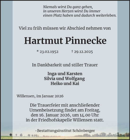 Traueranzeige von Hartmut Pinnecke von Harz Kurier