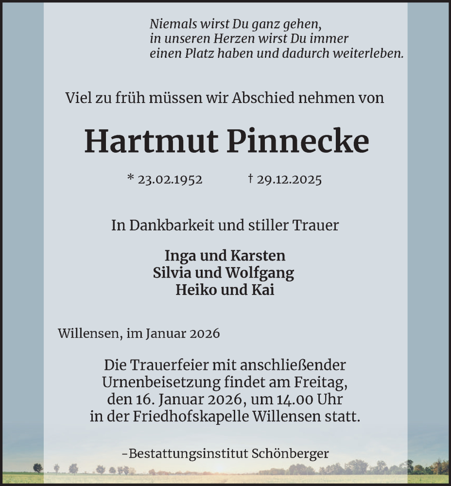  Traueranzeige für Hartmut Pinnecke vom 10.01.2026 aus Harz Kurier