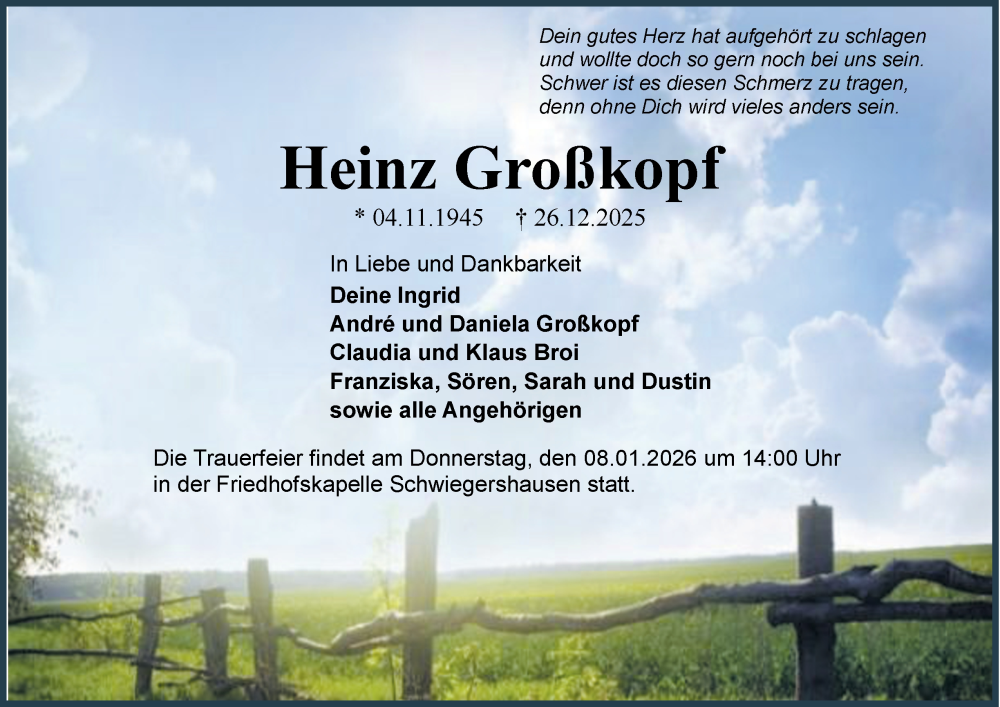  Traueranzeige für Heinz Großkopf vom 03.01.2026 aus Harz Kurier