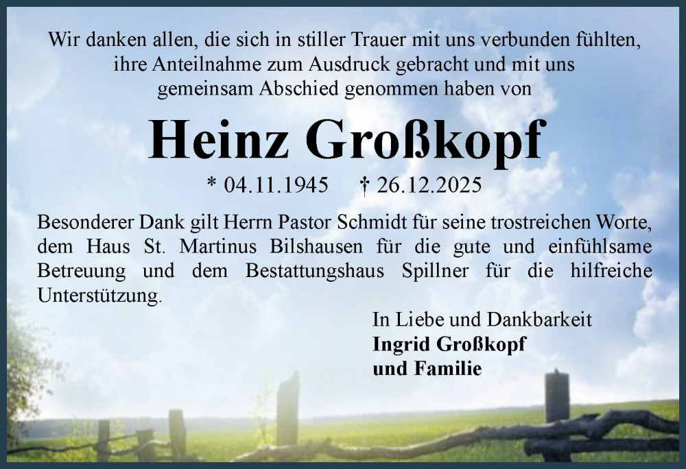  Traueranzeige für Heinz Großkopf vom 24.01.2026 aus Harz Kurier