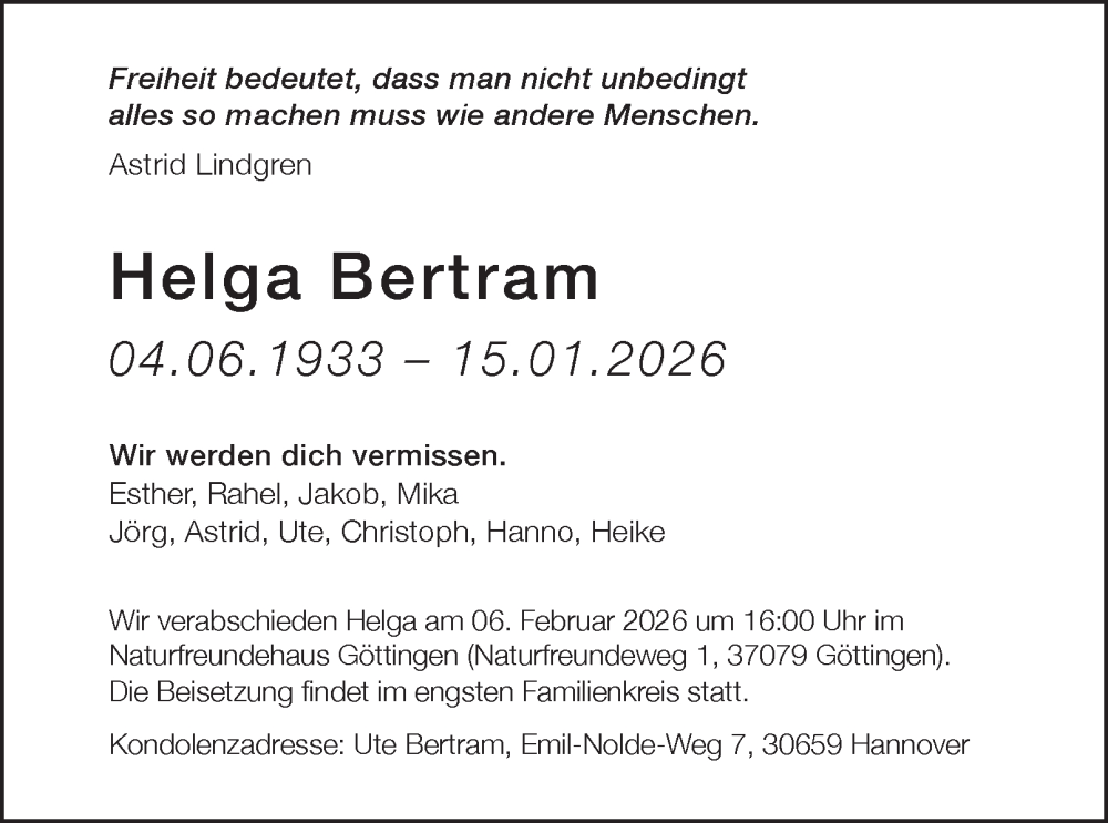  Traueranzeige für Helga Bertram vom 31.01.2026 aus Harz Kurier