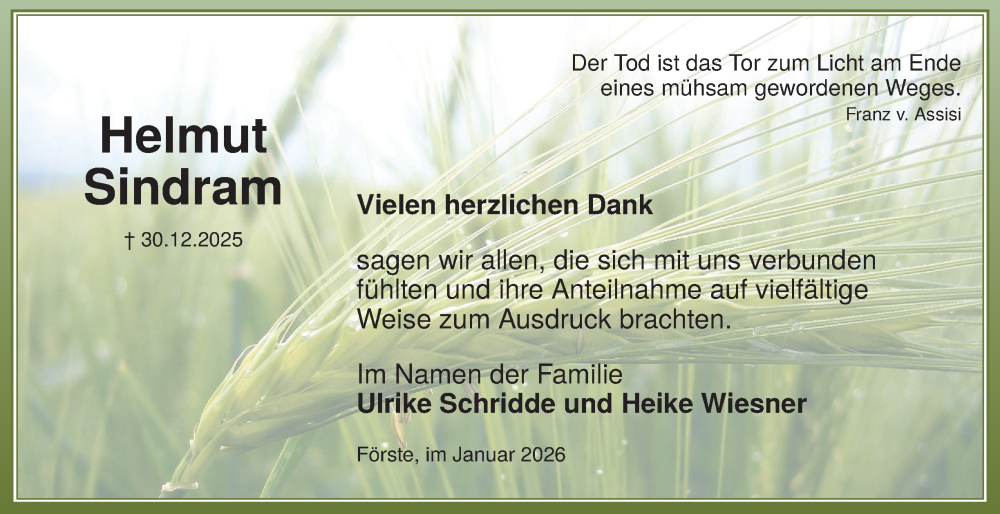  Traueranzeige für Helmut Sindram vom 31.01.2026 aus Harz Kurier