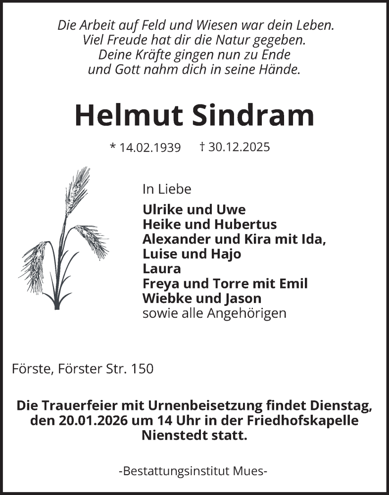  Traueranzeige für Helmut Sindram vom 10.01.2026 aus Harz Kurier