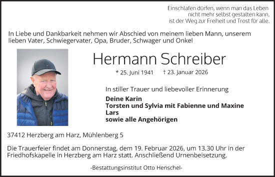 Traueranzeige von Hermann Schreiber von Harz Kurier