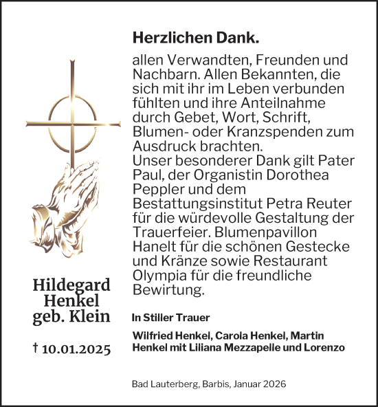 Traueranzeige von Hildegard Henkel von Harz Kurier
