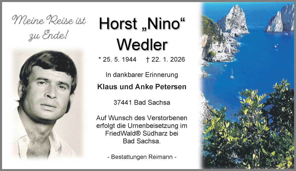  Traueranzeige für Horst Wedler vom 31.01.2026 aus Harz Kurier