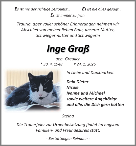 Traueranzeige von Inge Graß von Harz Kurier
