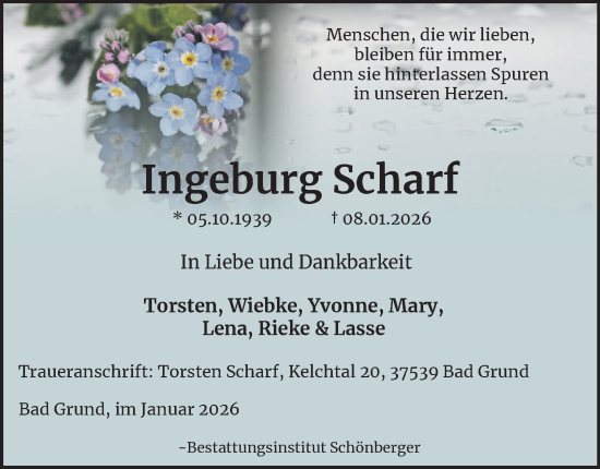 Traueranzeige von Ingeburg Scharf von Harz Kurier