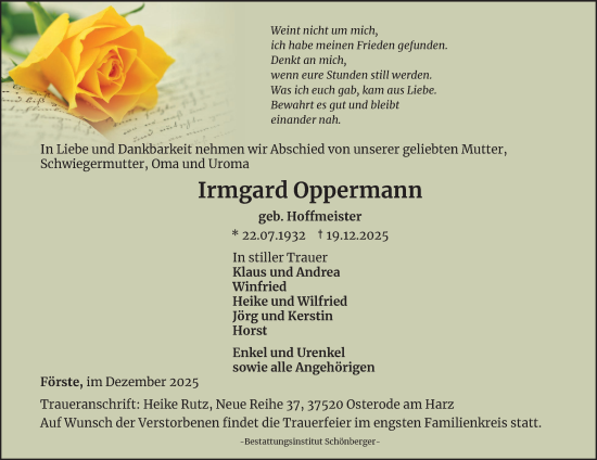 Traueranzeige von Irmgard Oppermann von Harz Kurier