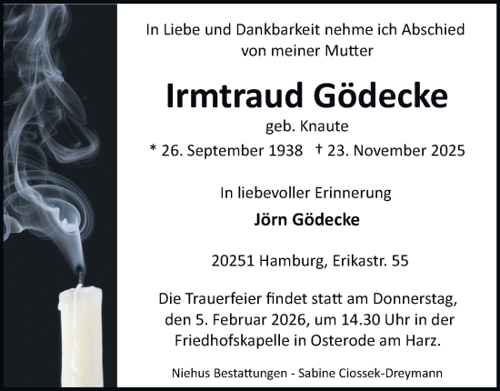 Traueranzeige von Irmtraud Gödecke von Harz Kurier