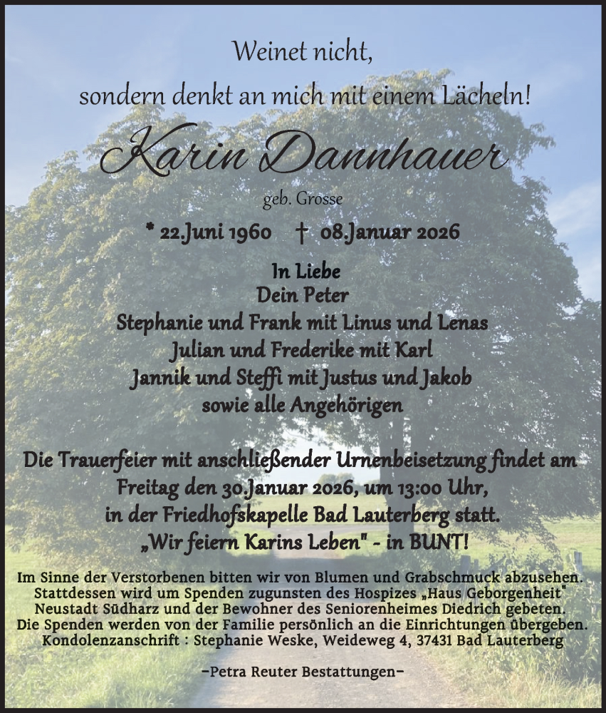  Traueranzeige für Karin Dannhauer vom 17.01.2026 aus Harz Kurier