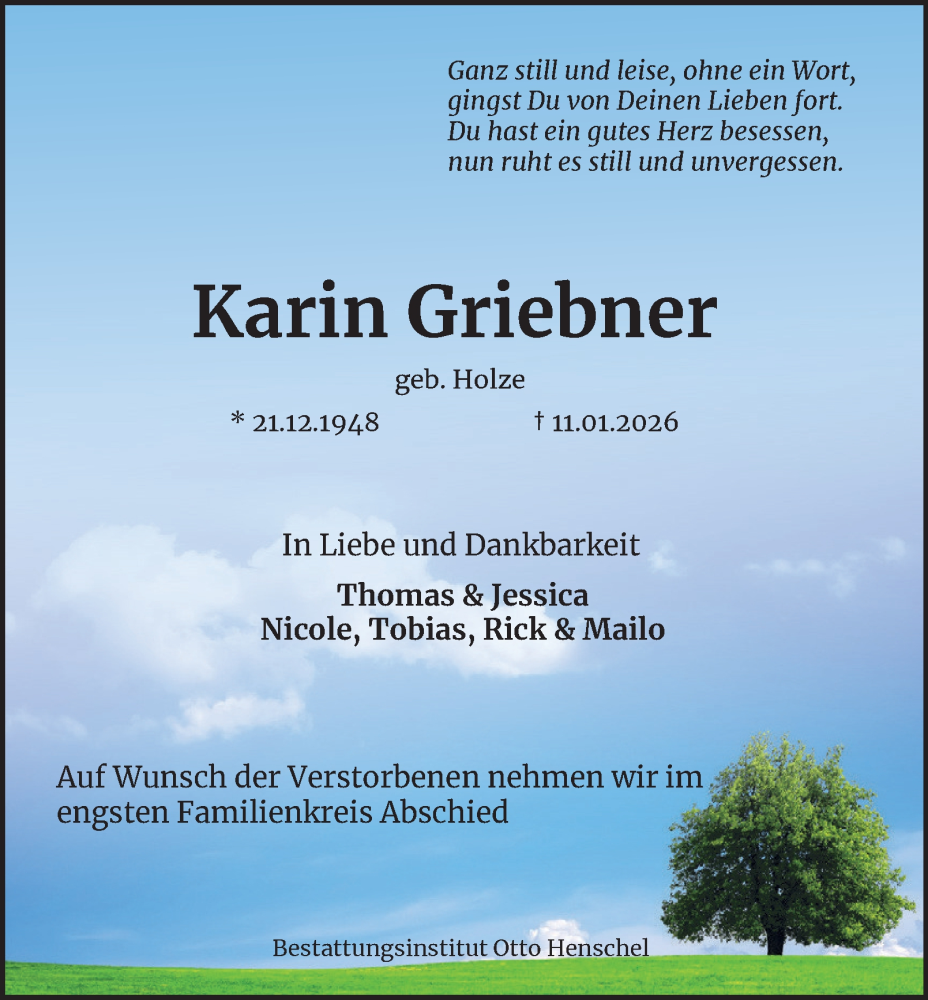  Traueranzeige für Karin Griebner vom 17.01.2026 aus Harz Kurier