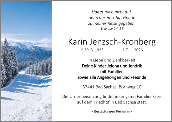 Traueranzeige von Karin Jenzsch-Kronberg von Harz Kurier