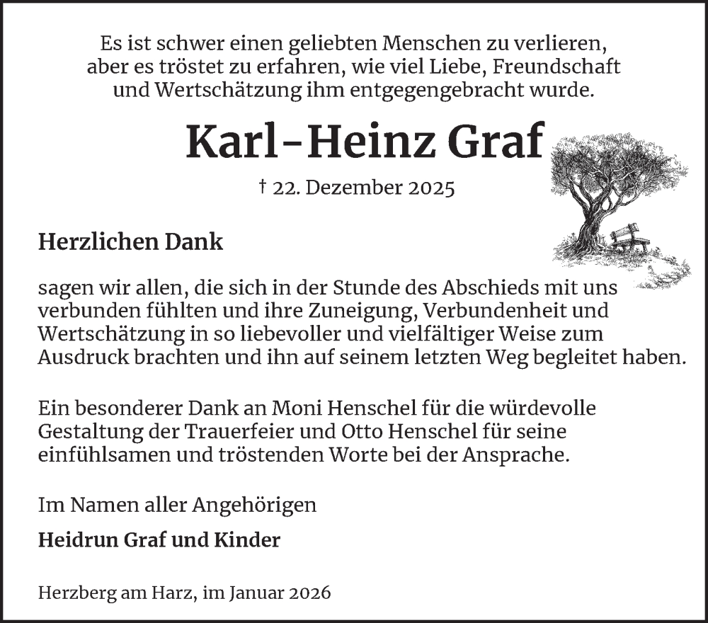 Traueranzeige für Karl-Heinz Graf vom 24.01.2026 aus Harz Kurier