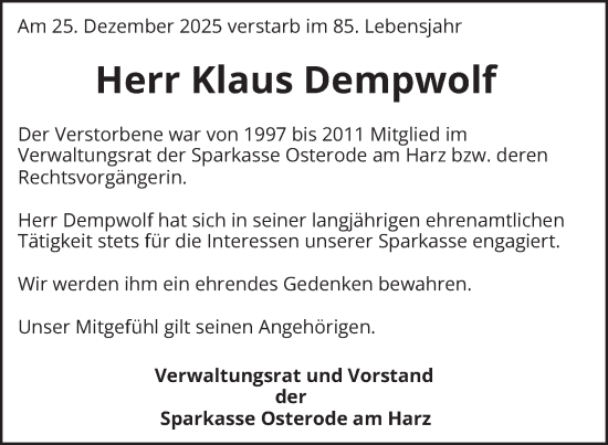 Traueranzeige von Klaus Dempwolf von Harz Kurier